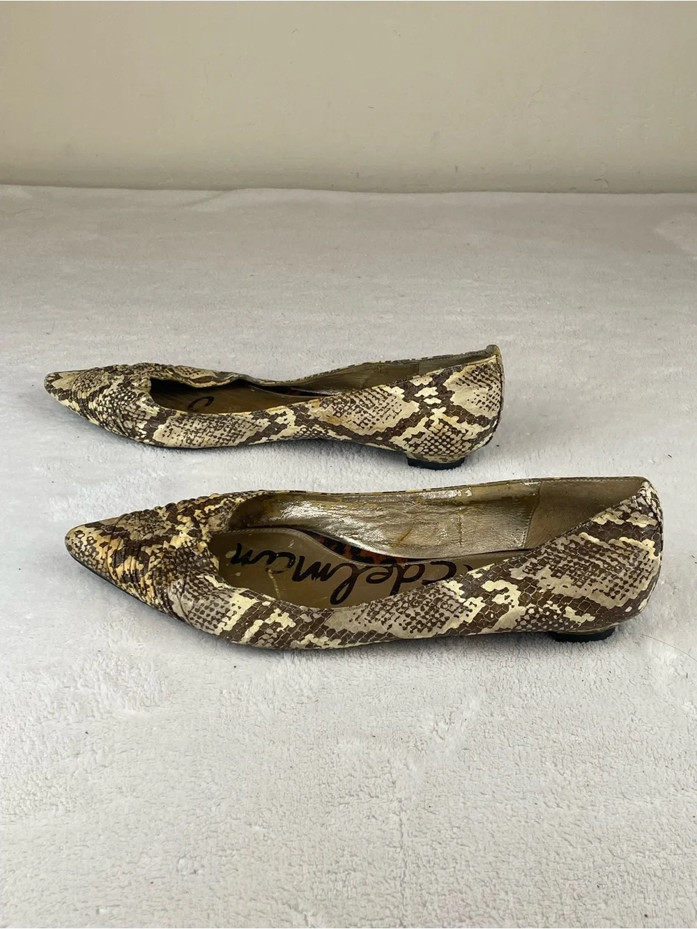 Balmain Pointed Toe Snake-Print Flats — Cream & Brown